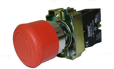 SUNS PBM22-ET-R-P6 22mm Emergency Stop Button – Twist Release, Red Mushroom 40mm, 1NC